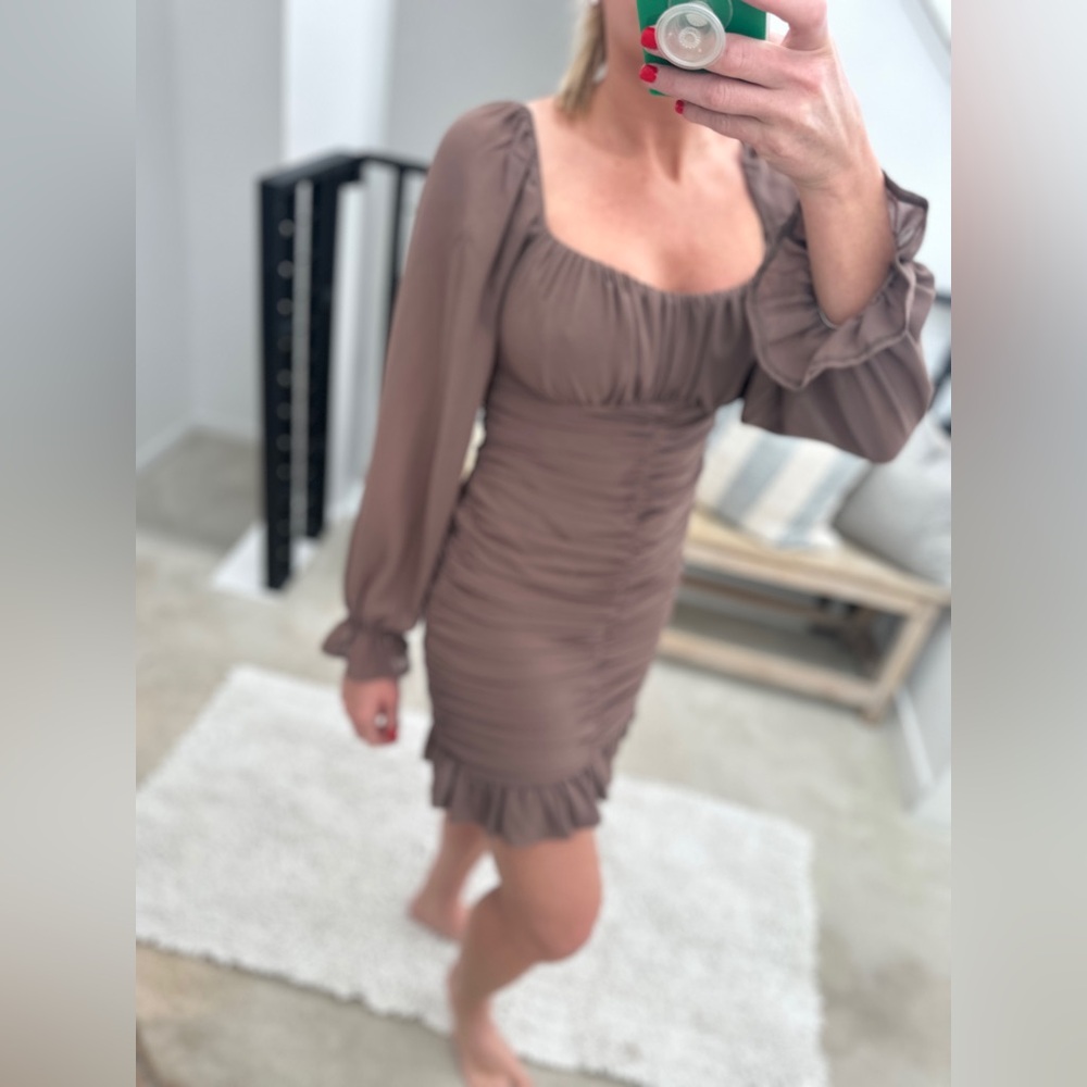 Blush Tan Long Sleeve Ruched Mini Dress | Ruffle Hem | Formal Party | Size M - Picture 4 of 10